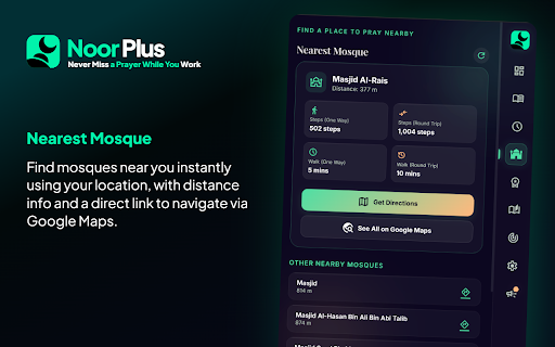 Noor Plus - Islamic Prayer Reminder :: A premium glassmorphic Islamic sidebar providing prayer timings, Adhan calls, Quran recitations, and a Dhikr counter.