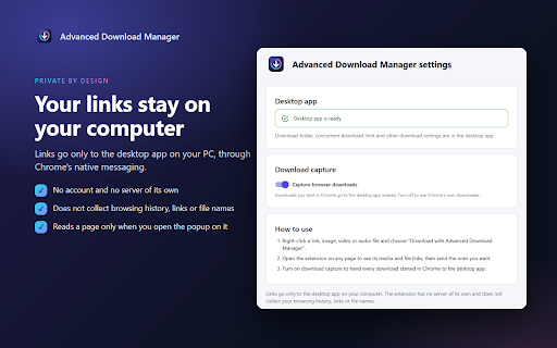 Advanced Download Manager :: Right-click a link, image or video and send it straight to your desktop download manager.