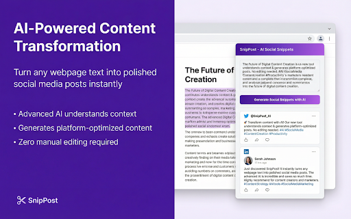 SnipPost: AI Writing Assistant for Social Media Posts :: Turn any selected text into AI-generated social media posts. One click. Zero effort. For Twitter, LinkedIn, Instagram & more.