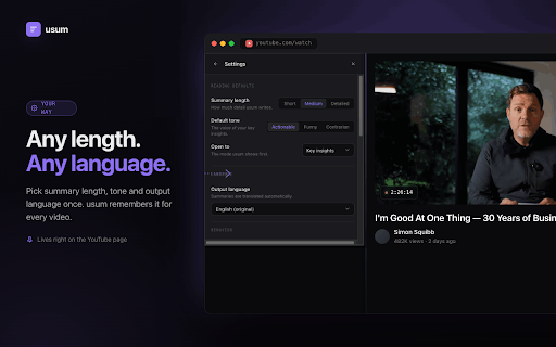 usum — AI YouTube Summary :: One-click AI summaries, timestamped chapters, comment digests and transcripts for any YouTube video.