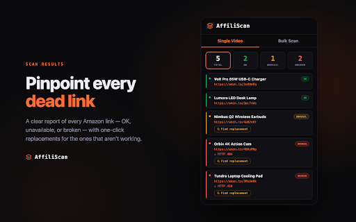 AffiliScan :: Scan YouTube descriptions for broken Amazon affiliate links. Bulk scan playlists and channels. Never lose commission again.