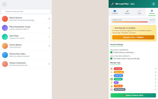 WA Lead Pilot — WhatsApp CRM & Contact Manager :: Tag, organize, and manage your WhatsApp Web contacts. Track leads, build pipelines, and export data. Free CRM overlay.