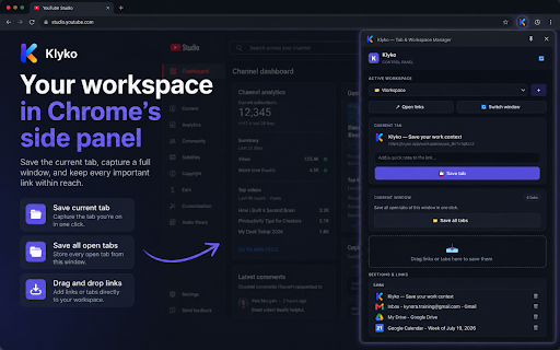Klyko — Tab & Workspace Manager :: Save tabs, links, and project workspaces in a clean side panel. Reopen your work context faster.