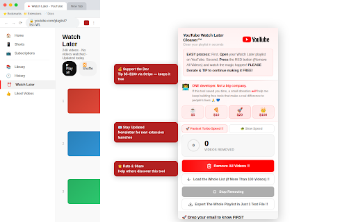 YouTube Watch Later Cleaner™ :: The fastest way to bulk-remove all videos from your YouTube Watch Later playlist. One click. Free forever.