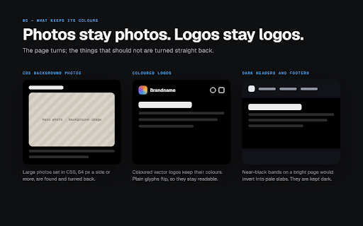 GoDarkMode for Chrome™ :: Dark mode for all websites. The free dark mode extension for Chrome: deep black, no white flash, photos left alone.