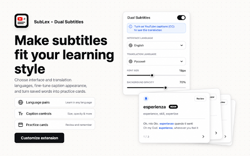 SubLex - Dual Subtitles for YouTube :: Translate YouTube subtitles, save words, and practice vocabulary cards while watching videos.