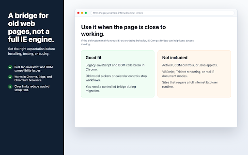 IE Compat Bridge :: Configurable JavaScript and DOM compatibility fixes for legacy business web apps in Chrome, Edge, and Chromium browsers.