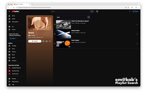 em@kab's YouTube Playlist Search :: em@kab's YouTube playlist search tool designed to be fast, intuitive, efficient, and easy on the eyes.