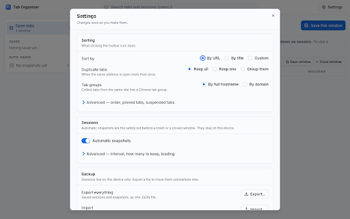 Tab Organizer :: Sort and group every tab in one click, then save and restore whole windows as sessions. Offline, no account, stays on your device.