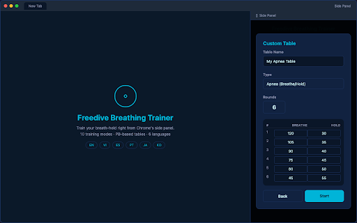 Freedive Breathing Trainer :: Freediving breath-hold trainer with CO₂/O₂ tables, relaxation breathing, and hold test. 6 languages supported.