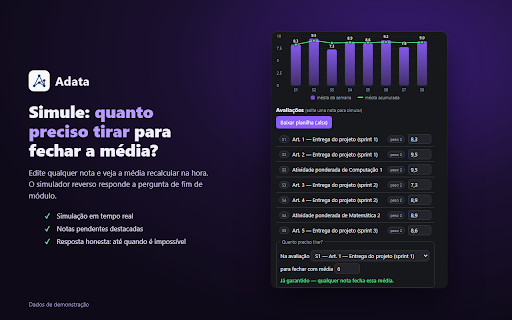 Adata :: Captura, organiza e exporta seus dados acadêmicos da Adalove (Inteli). Nenhum dado sai do seu navegador.
