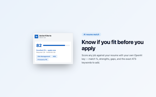 BetterFilterIn :: Unlock hidden LinkedIn job filters, save searches, hide junk, exclude keywords, and get alerts when fresh jobs appear.