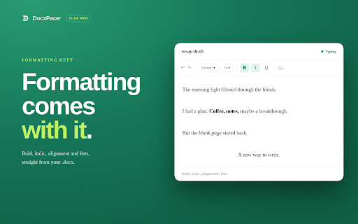 DocxPacer — Human Auto Typer for Google Docs (.docx → Docs) :: Choose how many words, over how long. Your .docx types into Google Docs at a human pace. Typed key by key, never pasted.