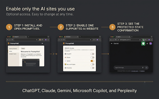 PromptVeil – AI Prompt Privacy Guard :: Detect and redact secrets, credentials, and personal data locally before sending prompts to ChatGPT, Claude, Gemini, and more.