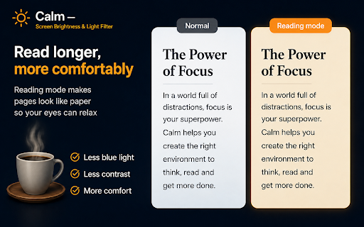 Calm — Screen Brightness & Light Filter :: Dim your screen, add a warm light filter, and automate your settings with schedules, profiles, and sunset mode.