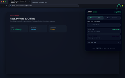 Unix Timestamp Converter & Epoch Pro :: Instantly convert Unix timestamps via selection or popup. Smart 10/13-digit auto-detection, UTC/local timezone, and dark mode.