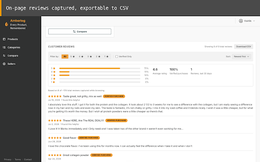 Amberlog - Amazon Product Tracker for FBA Sourcing Research :: Passive Amazon sourcing tracker - automatically builds your personal price, rank, and rating history as you browse.