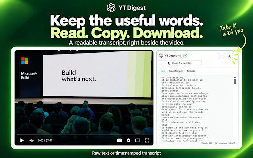 YT Digest - YouTube Transcription to ChatGPT :: Push YouTube transcripts to ChatGPT in one click. Summarize, QnA, Fact Check, Deep dive in your own chat. No API Key required