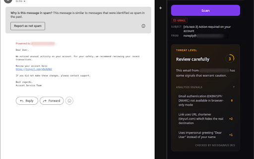 nicodAImus iris :: Privacy-first email phishing detection. Scores emails 0-10 for phishing risk, entirely in your browser.