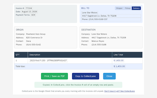 InvoiceLane :: Create a finished invoice from a ProABD order page in one click. Independent tool, not affiliated with ProABD.