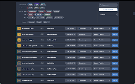 Console Hopper :: For AWS: hop between consoles fast — role-picker search, account tags, deep-link services, env-coloured tabs, tab groups.
