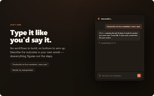doeverything – AI Browser Agent :: doeverything — an AI agent that drives your browser. Chat in the side panel; it navigates, fills forms, and runs tools for you.