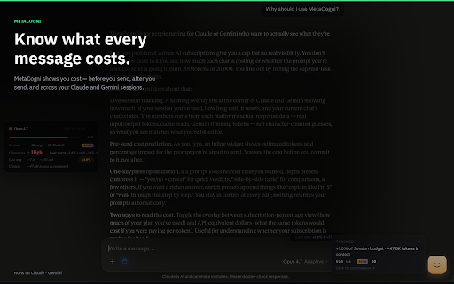 MetaCogni — AI Cost Tracker :: Know what every AI message costs. Token tracking, prompt optimization, and an on-device intent brain for Claude and Gemini.