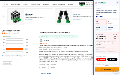 TrustCart — Smart Shopping Assistant :: Analiza reseñas de Amazon con IA. Resume opiniones de compradores, muestra videos del producto y te ayuda a comprar con confianza.