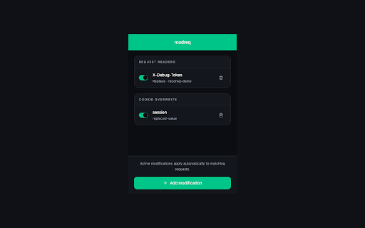 modreq - Modify HTTP Headers :: Modify HTTP request headers and cookies. Replace or append headers, override cookies. Free ModHeader alternative.