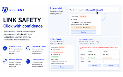 Visilant :: Protection against lookalike and impersonation sites (homograph attacks & clone phishing) based on your personal visit history