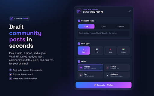 ViralDNA - YouTube Competitor Tools :: Download thumbnails, copy transcripts and tags, spot viral outlier videos, and run Pro content analysis. The ViralDNA.io extension.
