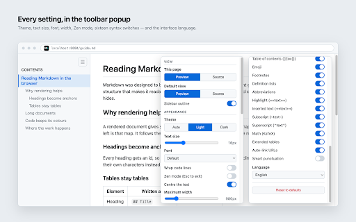 Markdown Viewer :: Renders local and hosted Markdown files in GitHub style, with a one-click toggle between preview and source.