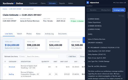 AdjusterDesk – AI Scope Writer :: AI-powered scope narratives, missing-item flags, and coverage letters for desk adjusters.