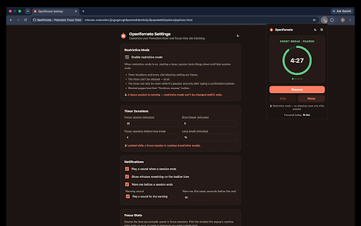 OpenTomato – Pomodoro Focus Timer :: Privacy-first Pomodoro timer: customizable timers, sound alerts, and focus-session site blocking. 100% local, no tracking.