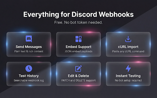Discord Webhook Tester - Send & Debug Bot Messages Easily :: Test & debug Discord webhook URLs. Send messages, embeds & HTTP requests. Import cURL, inspect responses. Free bot tool.