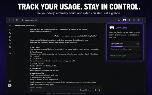 ConvoCarry – Claude Conversation Summary :: Claude forgetting earlier context? Summarize & continue in a fresh chat instantly. Full context, sharper responses. 10 free/day.