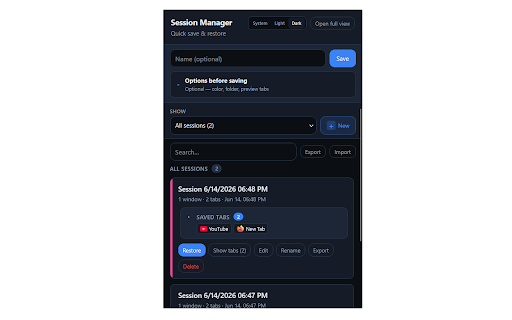Session Manager :: Save, restore, and organize your browser tab sessions across windows.