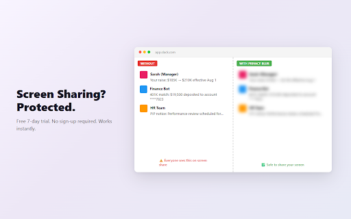 Privacy Blur for Slack — Hide Messages During Screen Sharing :: Hide & blur private Slack DMs, salary chats & names instantly during screen sharing. Hover to peek. No data leaves your device.
