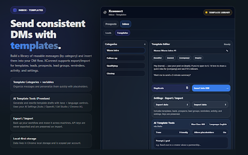XConnect :: Capture prospects as you browse X, then manage leads and send DMs from a lightweight CRM overlay—all without leaving the platform.