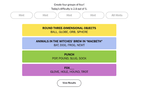 NYT Connections :: Boost your NYT Connections game: highlight hints, tag tiles, and track guess history, including ‘One Away’ misses.
