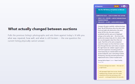 Insurance Lots — Car Auction History & AI Inspector :: Copart auction history on the lot page — past runs, final bids, sellers — plus an insurer filter and AI photo inspection.