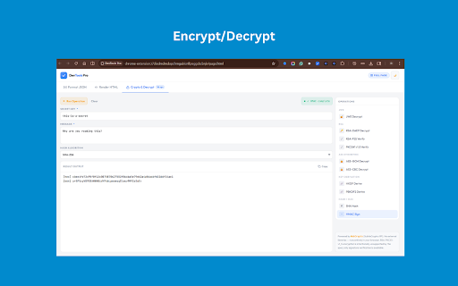 DevTools Pro :: Format JSON, Render HTML, JWE/RSA/AES/Bcrypt Crypto Tools — all in one sleek developer toolkit.