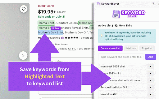 KeywordSaver: Etsy SEO Tool :: Quickly save and organize Etsy SEO keywords into custom lists using buttons inserted across Etsy search and listings.