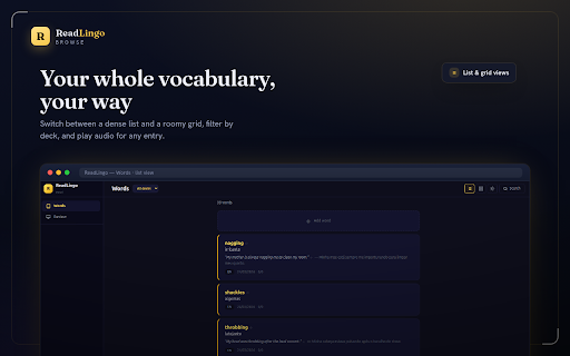 ReadLingo :: Learn languages while you browse. Translate words, generate AI sentences, organize decks, and review with spaced repetition.
