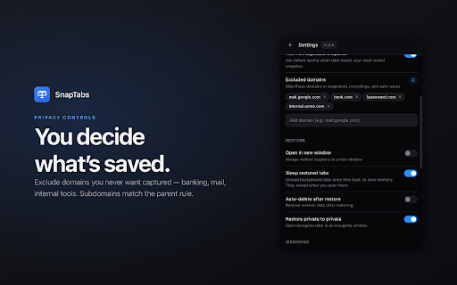 SnapTabs - Save & Restore Browser Tabs :: Save, restore, and manage browser tabs. Tab groups, incognito, session manager, live recording, crash-safe auto-save.