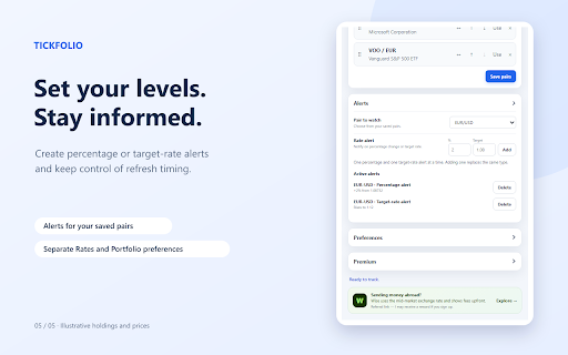 Tickfolio — Forex, Markets & Portfolio :: Track currencies, stocks, ETFs, crypto and commodities. Watch markets, manage your portfolio and follow your goals.
