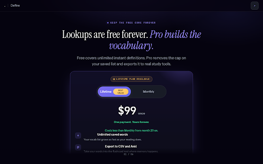 Define — Double-Click Dictionary & Vocab Builder :: Double-click any word for an instant definition, IPA and example. Save words and study them. 100% private.