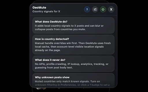 GeoMute for X :: Local-first country signal badges and feed filters for X/Twitter.