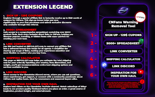 CNfans Warm Reminder Remover by RepGalaxy :: Plugin To Remove Warm Risk Reminder Popup + Yupoo Quick Buy On All Agents. CloneSoles Extension