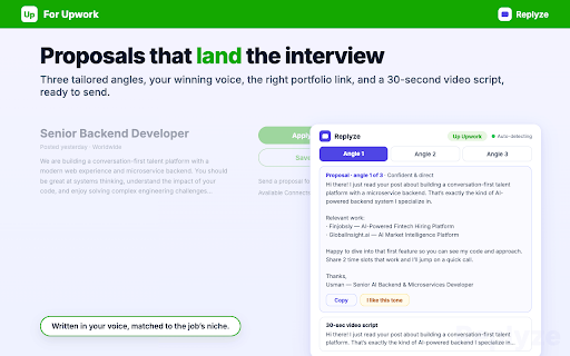 Replyze: Your AI Copilot for LinkedIn & Upwork :: Founders spot leads, freelancers win jobs. Replyze scores what's worth your time and writes replies & proposals in your voice.